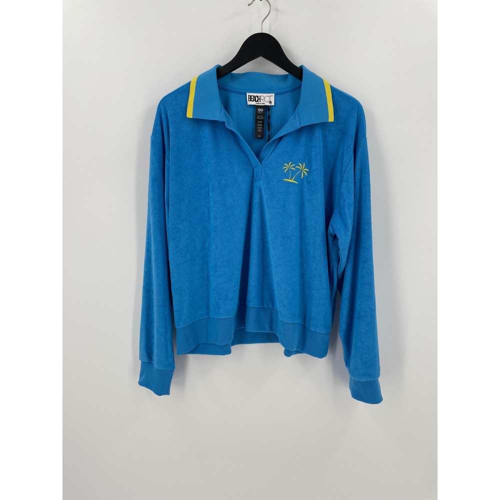 Beach Riot Martina Polo Top Caribbean Blue Terry Cloth Palm Tree Pullover L NWT - Picture 1 of 7